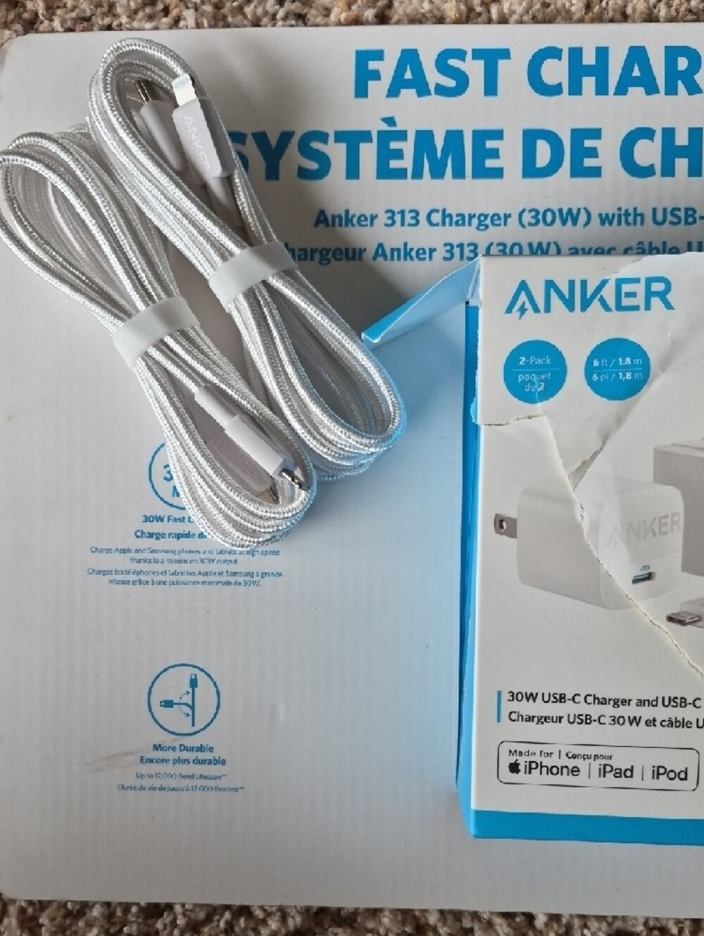 Anker White Braided USB-C Charging Cable, 2 Cables No Blocks